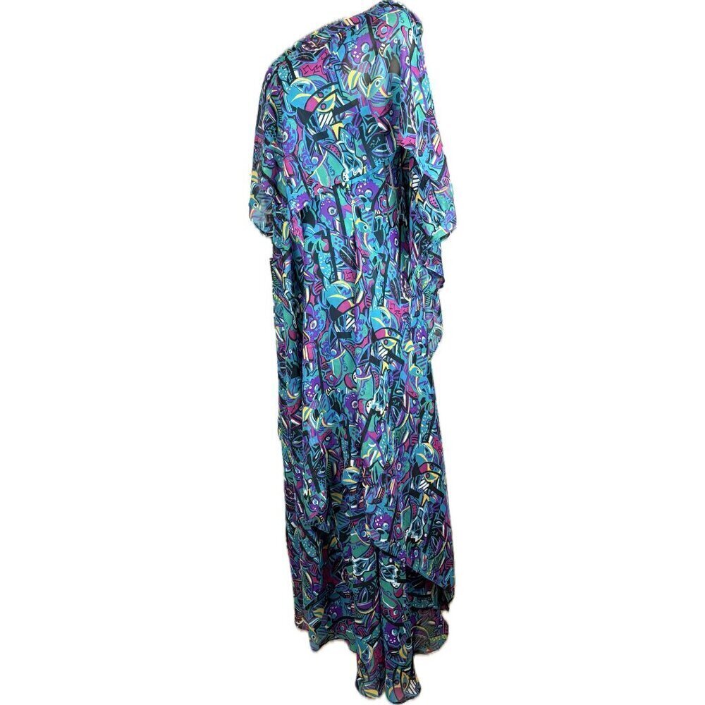 Vicky Tiel M Teal Abstract Peacock V-Neck Layers Lined Zip 1/2 Sleeve Maxi Dress - Picture 5 of 6